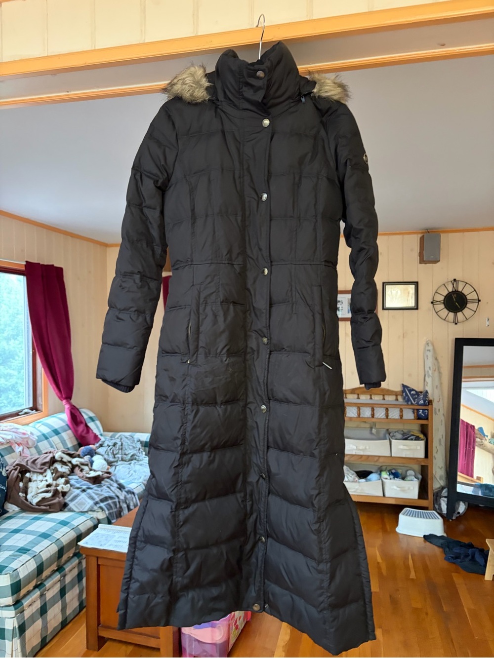 Michael Kors Down Puffer Coat, Hooded Faux Fur Trim, Long, Black, Women’s XS
